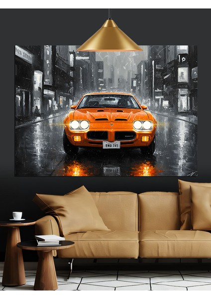 Yağmurlu Şehirde Parlayan Turuncu Araba Dekoratif Kanvas - Mdf Ahşap Tablo fiyatları