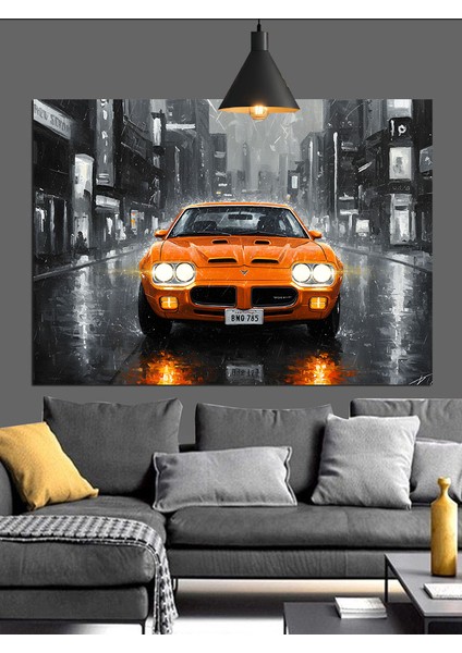 Yağmurlu Şehirde Parlayan Turuncu Araba Dekoratif Kanvas - Mdf Ahşap Tablo modelleri