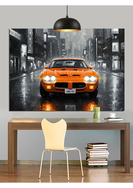 Yağmurlu Şehirde Parlayan Turuncu Araba Dekoratif Kanvas - Mdf Ahşap Tablo indirimleri