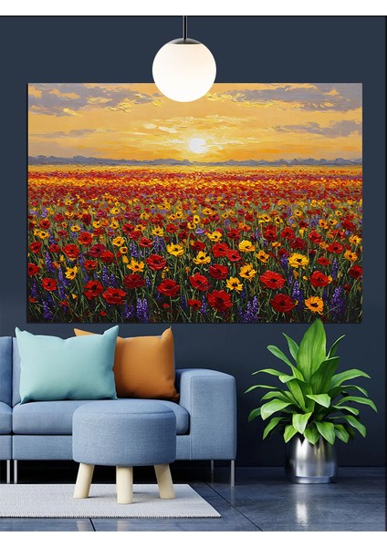 Gün Batımında Canlı Kırmızı Çiçek Tarlası Dekoratif Kanvas - Mdf Ahşap Tablo