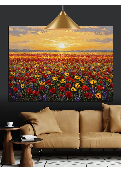 Gün Batımında Canlı Kırmızı Çiçek Tarlası Dekoratif Kanvas - Mdf Ahşap Tablo fiyatları