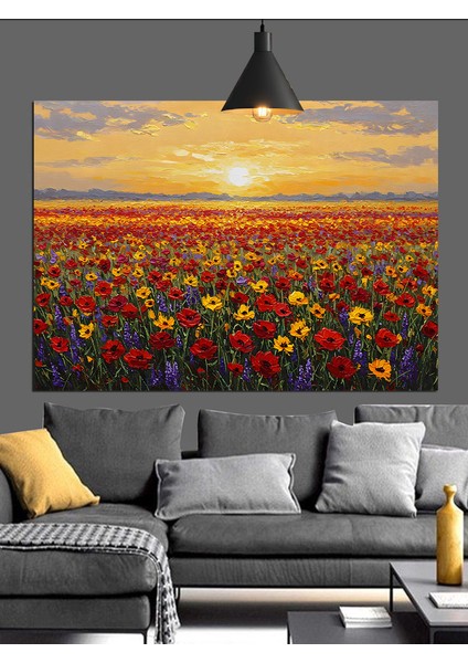 Gün Batımında Canlı Kırmızı Çiçek Tarlası Dekoratif Kanvas - Mdf Ahşap Tablo modelleri