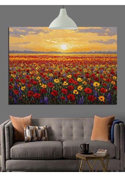 Gün Batımında Canlı Kırmızı Çiçek Tarlası Dekoratif Kanvas - Mdf Ahşap Tablo fırsatları