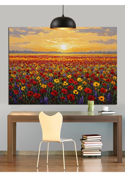 Gün Batımında Canlı Kırmızı Çiçek Tarlası Dekoratif Kanvas - Mdf Ahşap Tablo indirimleri