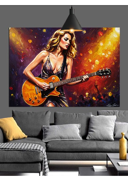 Elektro Gitar Çalan Çekici Genç Kadın Dekoratif Kanvas - Mdf Ahşap Tablo