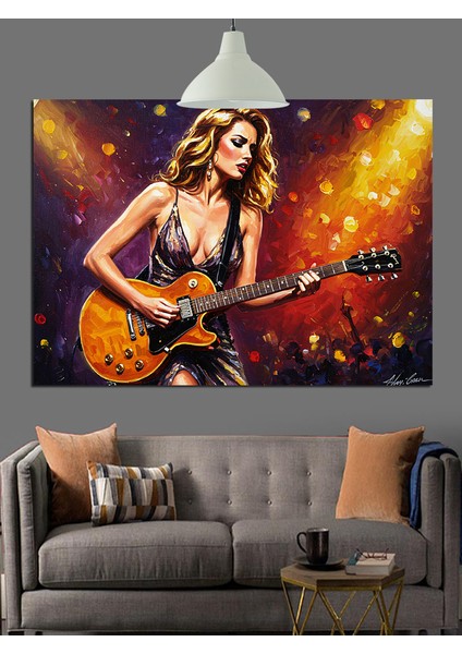 Elektro Gitar Çalan Çekici Genç Kadın Dekoratif Kanvas - Mdf Ahşap Tablo fiyatları