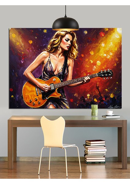 Elektro Gitar Çalan Çekici Genç Kadın Dekoratif Kanvas - Mdf Ahşap Tablo modelleri