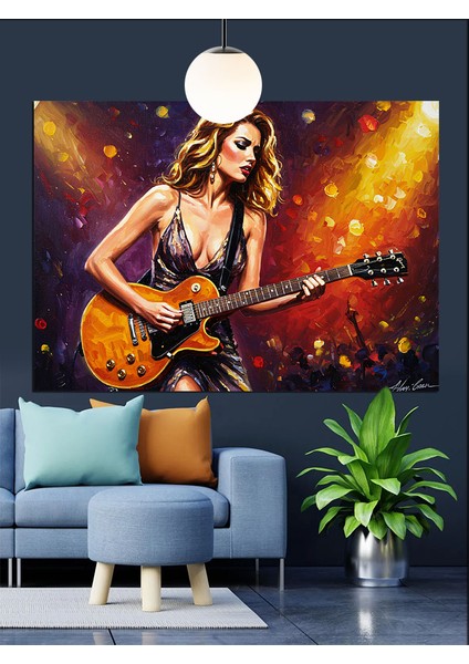 Elektro Gitar Çalan Çekici Genç Kadın Dekoratif Kanvas - Mdf Ahşap Tablo fırsatları