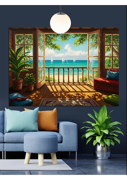 Pencereden Görünen Huzurlu Doğa Manzarası Dekoratif Kanvas - Mdf Ahşap Tablo fiyatları