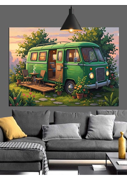 Yeşillikler Içinde Eski Minibüs Karavan Dekoratif Kanvas - Mdf Ahşap Tablo