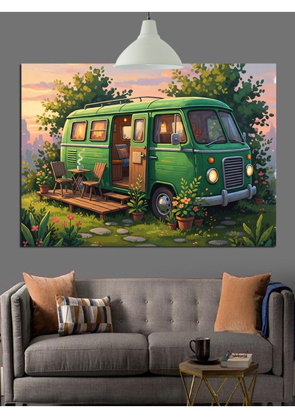 Yeşillikler Içinde Eski Minibüs Karavan Dekoratif Kanvas - Mdf Ahşap Tablo fiyatları