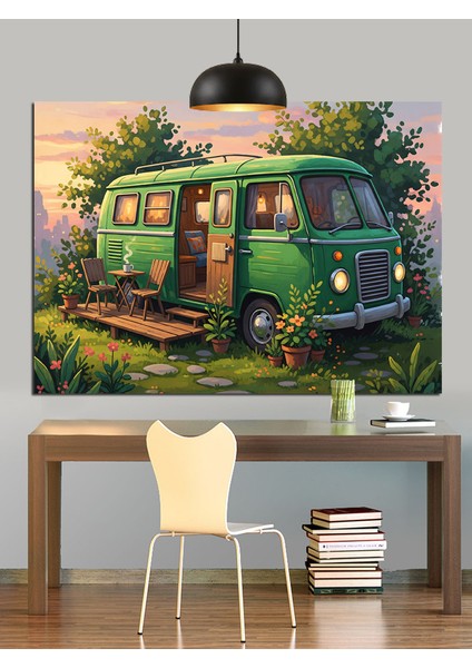 Yeşillikler Içinde Eski Minibüs Karavan Dekoratif Kanvas - Mdf Ahşap Tablo modelleri
