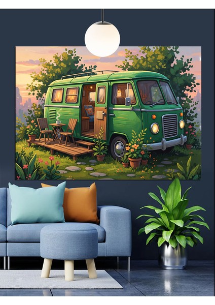 Yeşillikler Içinde Eski Minibüs Karavan Dekoratif Kanvas - Mdf Ahşap Tablo fırsatları