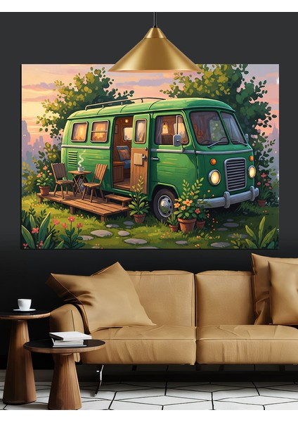 Yeşillikler Içinde Eski Minibüs Karavan Dekoratif Kanvas - Mdf Ahşap Tablo indirimleri