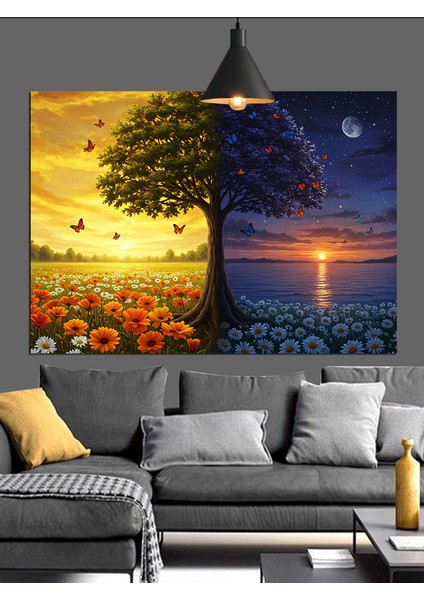 Çiçek Tarlasında Yalnız Ağaç Silüeti Dekoratif Kanvas - Mdf Ahşap Tablo