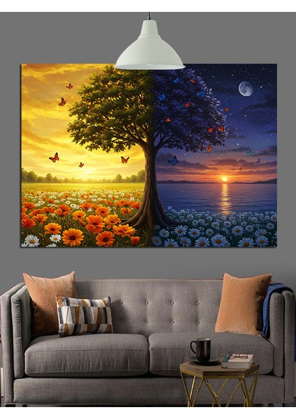 Çiçek Tarlasında Yalnız Ağaç Silüeti Dekoratif Kanvas - Mdf Ahşap Tablo fiyatları