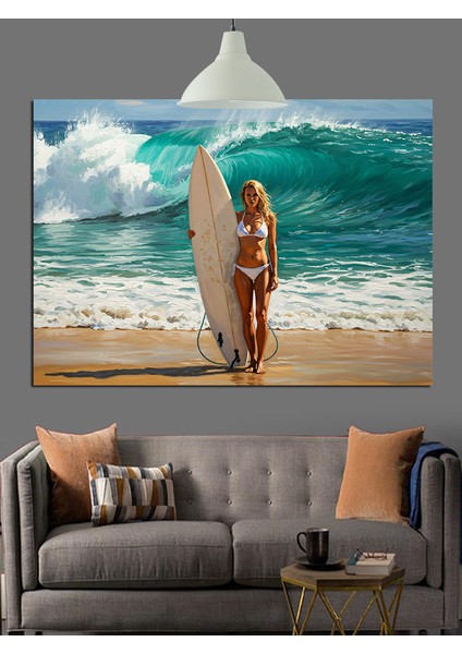 Sörf Tahtalı Kadın Plajda Dekoratif Kanvas - Mdf Ahşap Tablo
