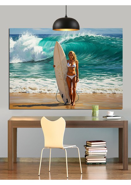 Sörf Tahtalı Kadın Plajda Dekoratif Kanvas - Mdf Ahşap Tablo fiyatları