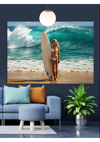 Sörf Tahtalı Kadın Plajda Dekoratif Kanvas - Mdf Ahşap Tablo modelleri