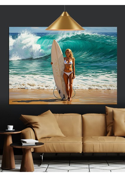 Sörf Tahtalı Kadın Plajda Dekoratif Kanvas - Mdf Ahşap Tablo fırsatları