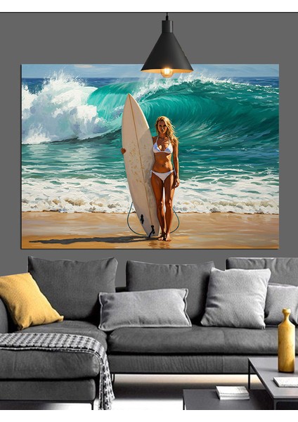 Sörf Tahtalı Kadın Plajda Dekoratif Kanvas - Mdf Ahşap Tablo indirimleri
