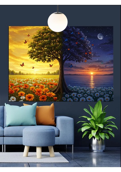 Çiçek Tarlasında Yalnız Ağaç Silüeti Dekoratif Kanvas - Mdf Ahşap Tablo fırsatları