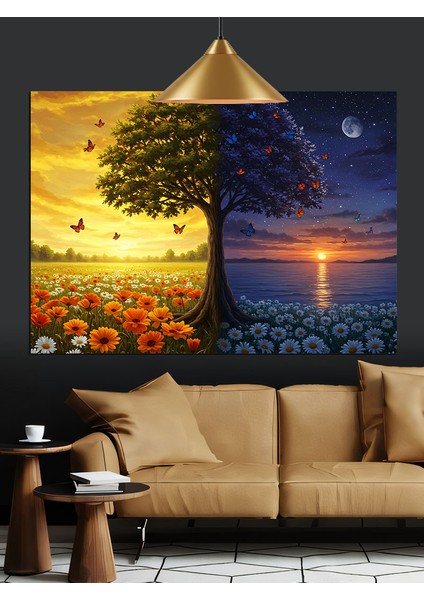 Çiçek Tarlasında Yalnız Ağaç Silüeti Dekoratif Kanvas - Mdf Ahşap Tablo indirimleri