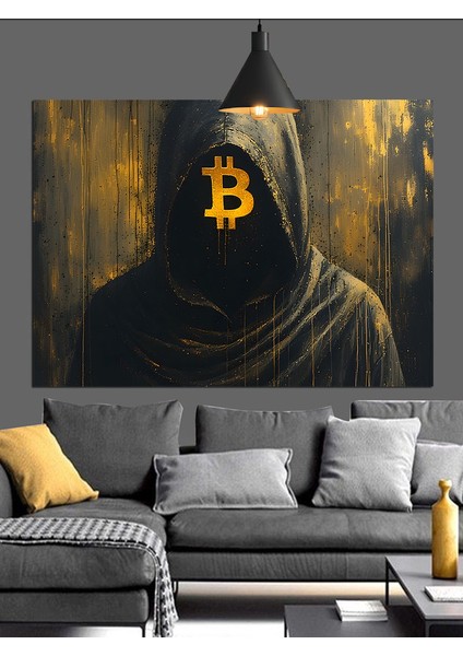 Bitcoin Logolu Kapüşonlu Adam Silüeti Dekoratif Kanvas - Mdf Ahşap Tablo