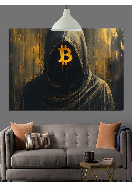Bitcoin Logolu Kapüşonlu Adam Silüeti Dekoratif Kanvas - Mdf Ahşap Tablo fiyatları