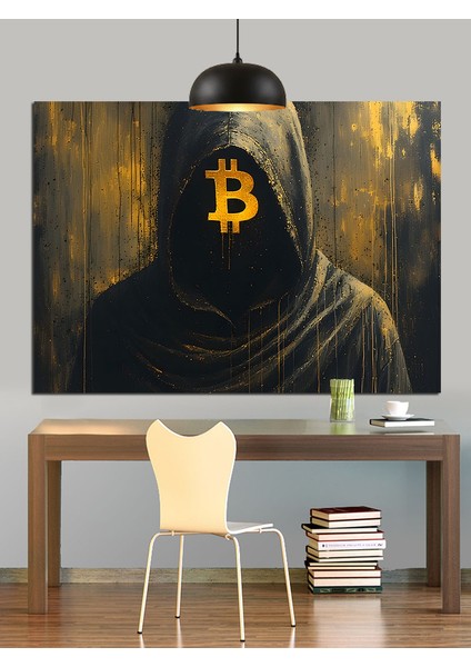 Bitcoin Logolu Kapüşonlu Adam Silüeti Dekoratif Kanvas - Mdf Ahşap Tablo modelleri