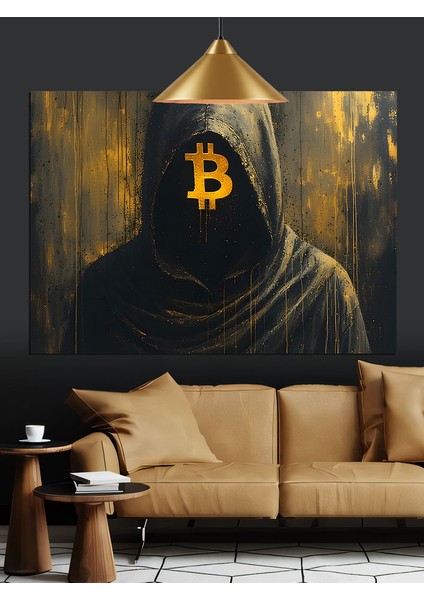 Bitcoin Logolu Kapüşonlu Adam Silüeti Dekoratif Kanvas - Mdf Ahşap Tablo indirimleri