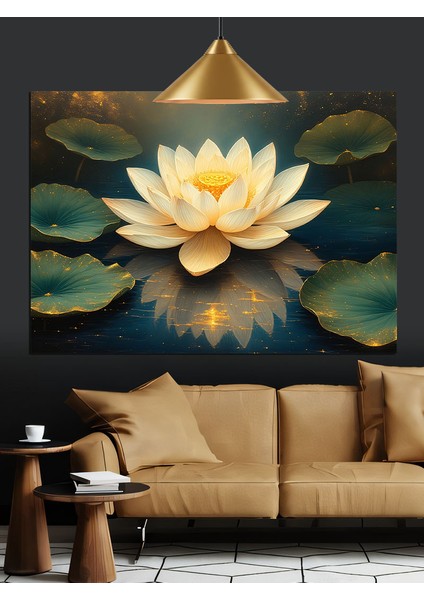 Su Üzerinde Açmış Beyaz Lotus Çiçeği Dekoratif Kanvas - Mdf Ahşap Tablo
