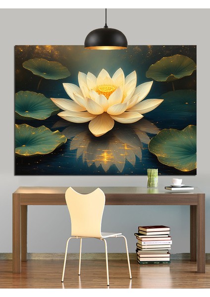 Su Üzerinde Açmış Beyaz Lotus Çiçeği Dekoratif Kanvas - Mdf Ahşap Tablo fırsatları