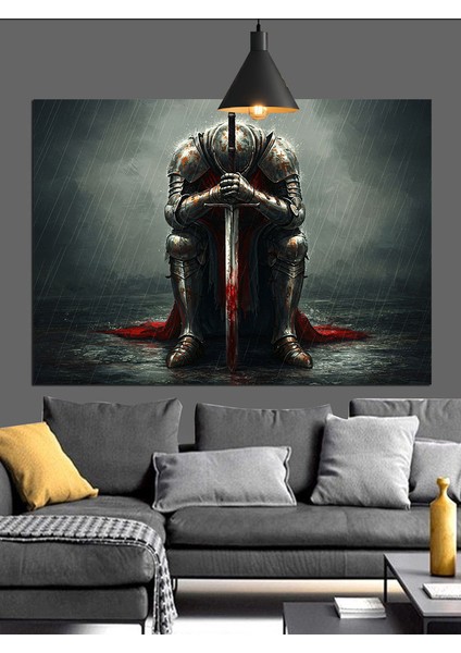 Yere Çökmüş Zırhlı Şövalye Figürü Dekoratif Kanvas - Mdf Ahşap Tablo