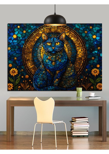 Mavi Tonlarda Fantastik Kedi Figürü Dekoratif Kanvas - Mdf Ahşap Tablo