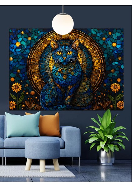 Mavi Tonlarda Fantastik Kedi Figürü Dekoratif Kanvas - Mdf Ahşap Tablo fiyatları