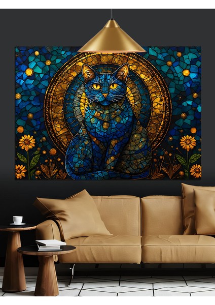 Mavi Tonlarda Fantastik Kedi Figürü Dekoratif Kanvas - Mdf Ahşap Tablo modelleri