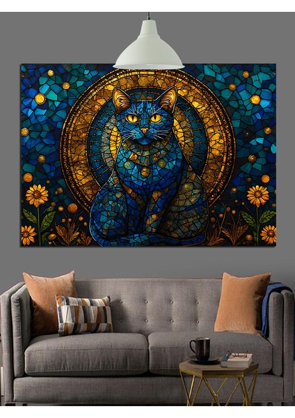 Mavi Tonlarda Fantastik Kedi Figürü Dekoratif Kanvas - Mdf Ahşap Tablo indirimleri