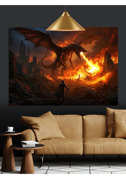Alevler Içindeki Ejderha Mitolojik Figürü Dekoratif Kanvas - Mdf Ahşap Tablo