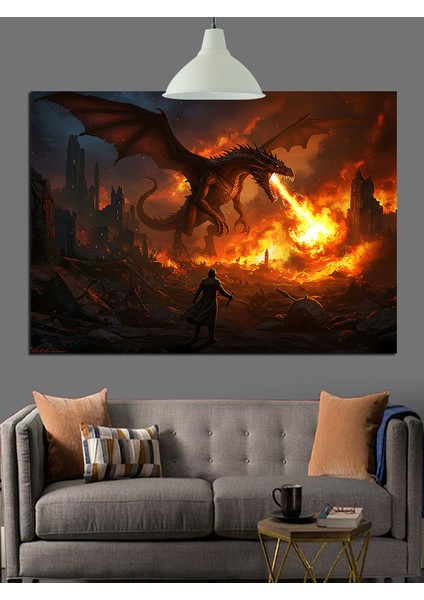 Alevler Içindeki Ejderha Mitolojik Figürü Dekoratif Kanvas - Mdf Ahşap Tablo modelleri
