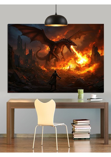 Alevler Içindeki Ejderha Mitolojik Figürü Dekoratif Kanvas - Mdf Ahşap Tablo fırsatları