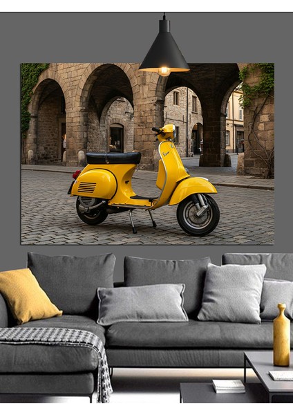 Sarı Renkte Vespa Scooter Motosiklet Dekoratif Kanvas - Mdf Ahşap Tablo
