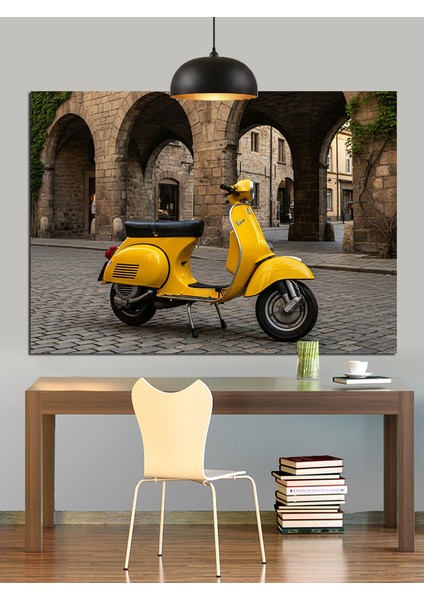 Sarı Renkte Vespa Scooter Motosiklet Dekoratif Kanvas - Mdf Ahşap Tablo modelleri