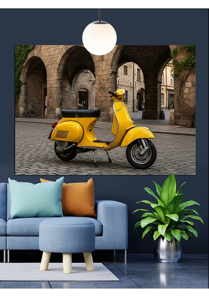 Sarı Renkte Vespa Scooter Motosiklet Dekoratif Kanvas - Mdf Ahşap Tablo fırsatları