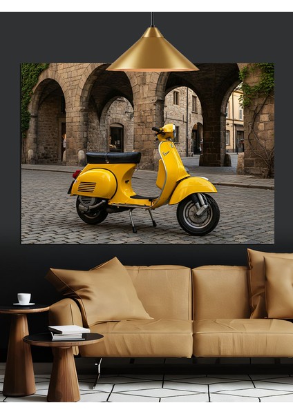Sarı Renkte Vespa Scooter Motosiklet Dekoratif Kanvas - Mdf Ahşap Tablo indirimleri