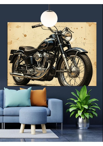 Klasik Model Amerikan Motosikleti Illüstrasyonu Dekoratif Kanvas - Mdf Ahşap Tablo