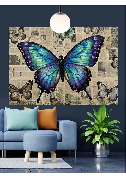 Mavi Kelebekler Çiçekler Arasında Uçuşuyor Dekoratif Kanvas - Mdf Ahşap Tablo