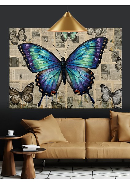 Mavi Kelebekler Çiçekler Arasında Uçuşuyor Dekoratif Kanvas - Mdf Ahşap Tablo fiyatları