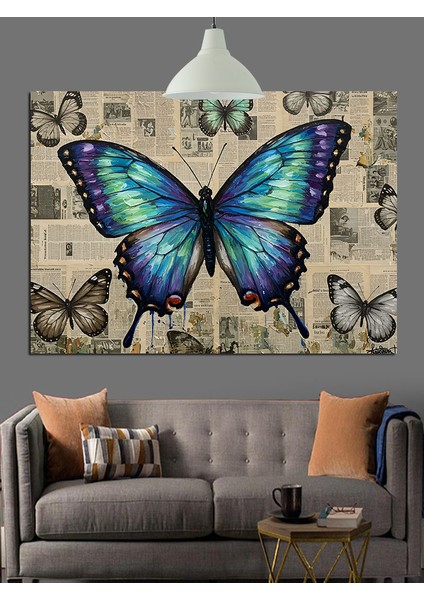 Mavi Kelebekler Çiçekler Arasında Uçuşuyor Dekoratif Kanvas - Mdf Ahşap Tablo fırsatları
