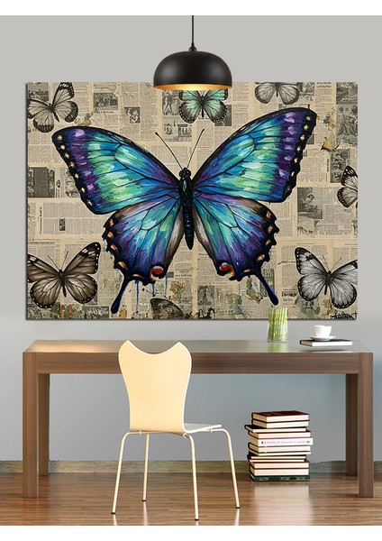 Mavi Kelebekler Çiçekler Arasında Uçuşuyor Dekoratif Kanvas - Mdf Ahşap Tablo indirimleri
